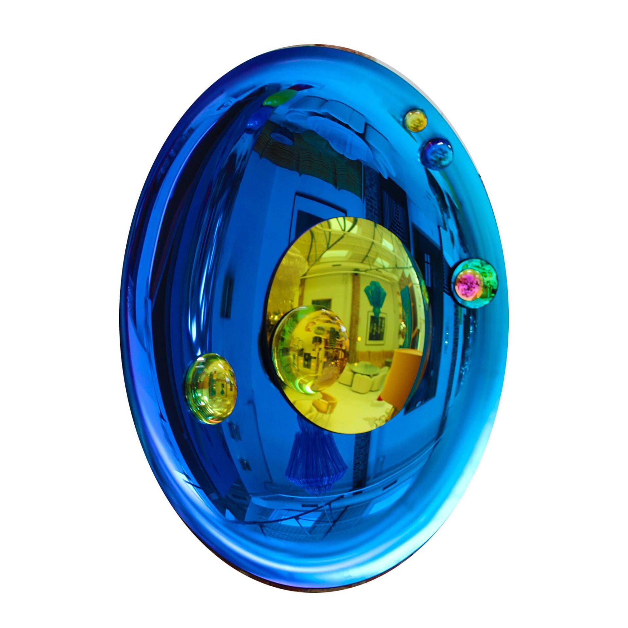Modern Sculptural Concave French Mirror - Handmade Wall Art in Blue Glass