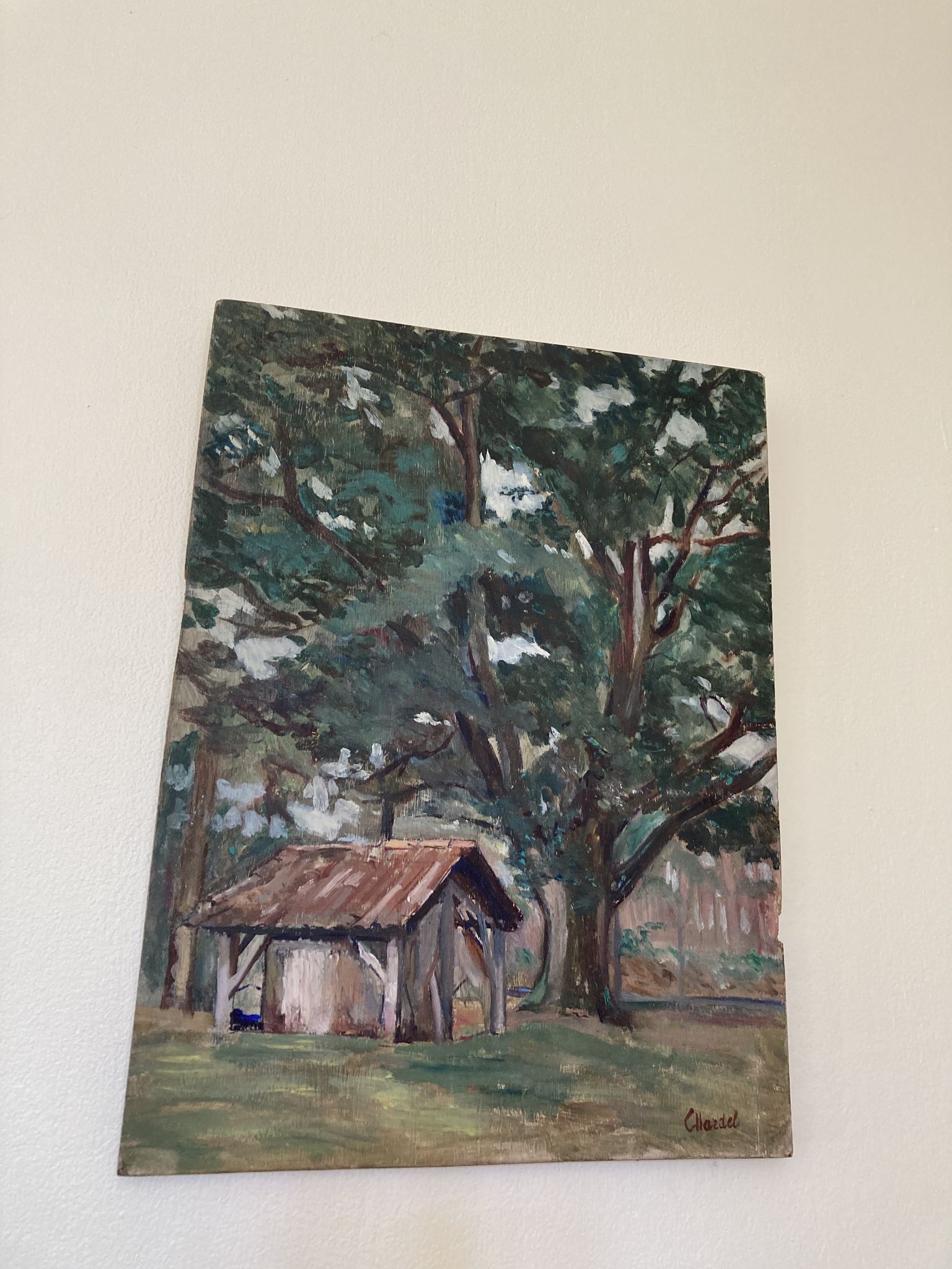 Oil on wood panel, old painting signed representing a tree and a bread oven of the Landes