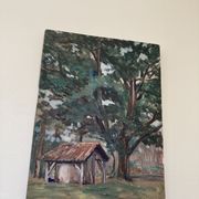 Oil on wood panel, old painting signed representing a tree and a bread oven of the Landes