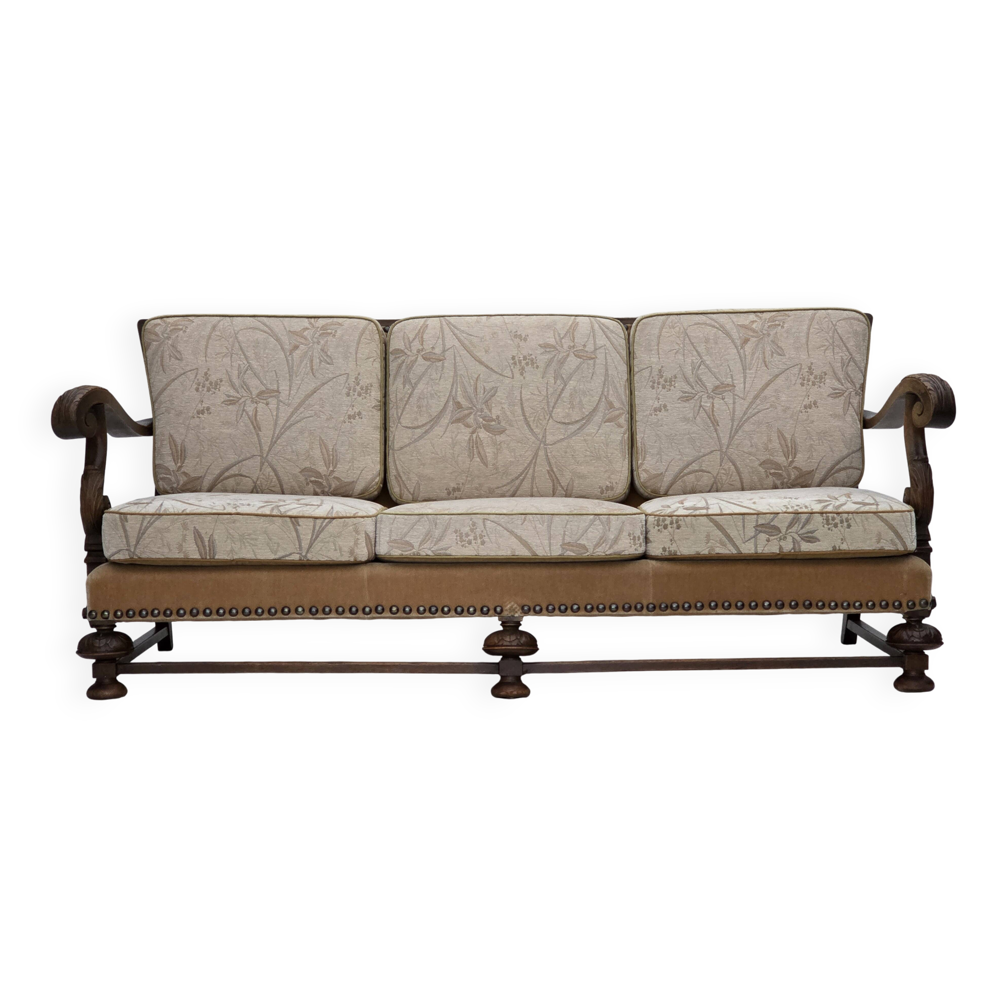 1960s, Danish 3-seater sofa, beige/brown furniture fabric, carved oak wood.