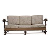 1960s, Danish 3-seater sofa, beige/brown furniture fabric, carved oak wood.