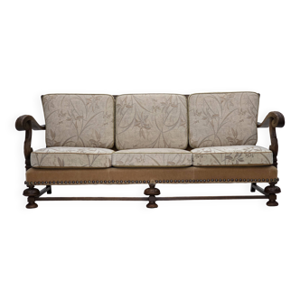 1960s, Danish 3-seater sofa, beige/brown furniture fabric, carved oak wood.