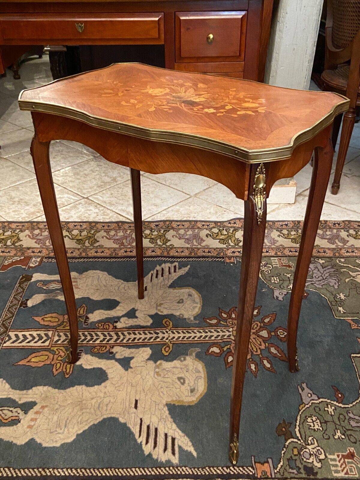 Pedestal table end of sofa decorated inlaid Louis XV style