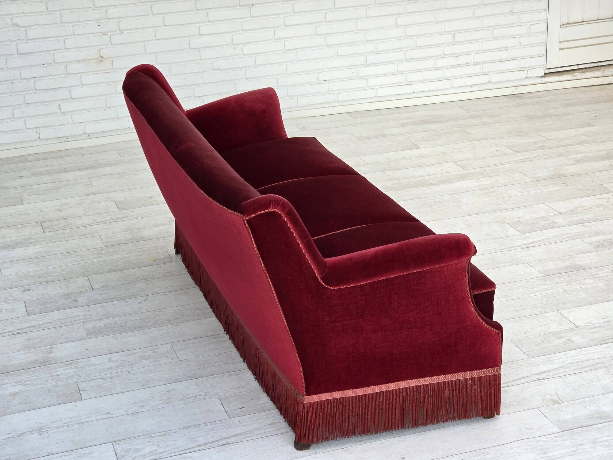 1960s, Danish 3-seater sofa, cherry-red furniture velour, ash wood.