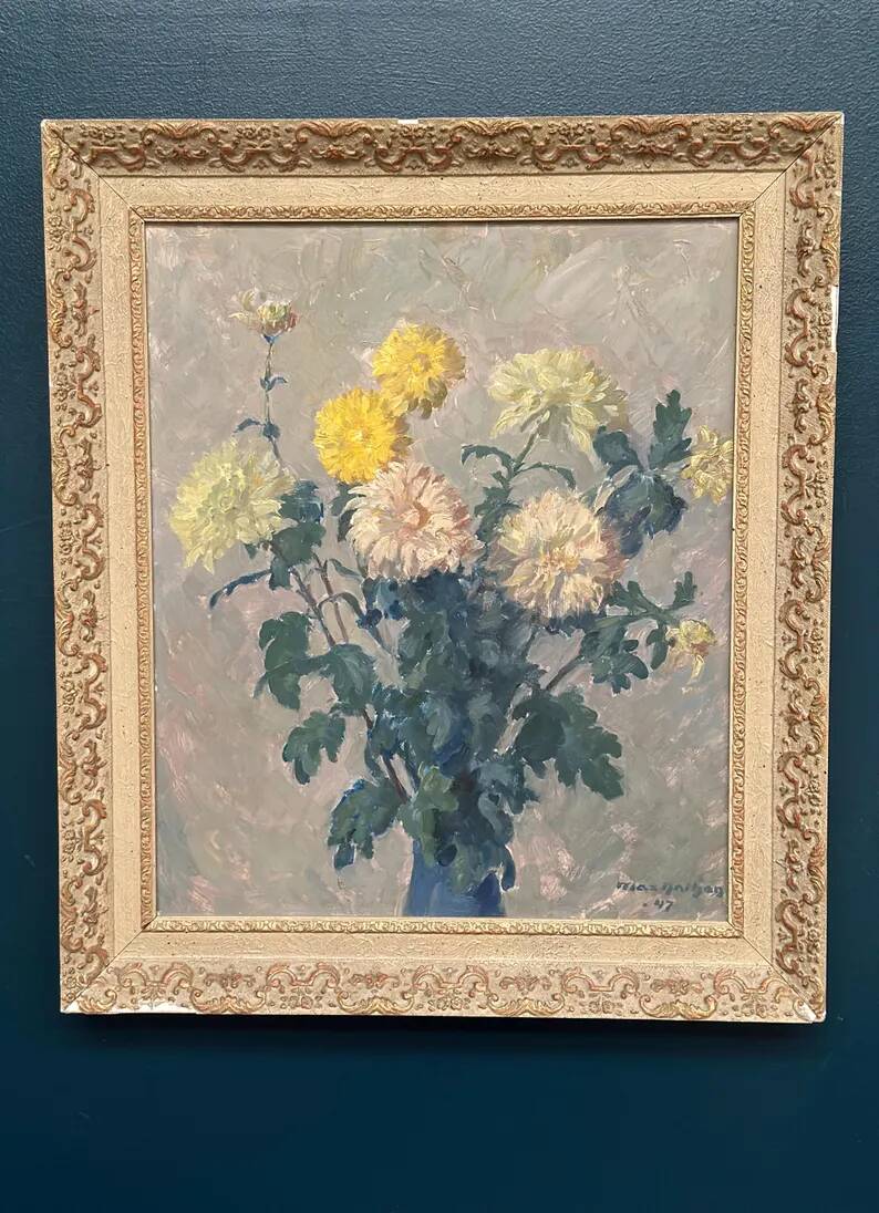 Original Swedish Oil on Panel – “Chrysanthemums” by Max Hellberg – Signed – Vintage & Framed – 68 × 58 cm (26.8" × 22.8")