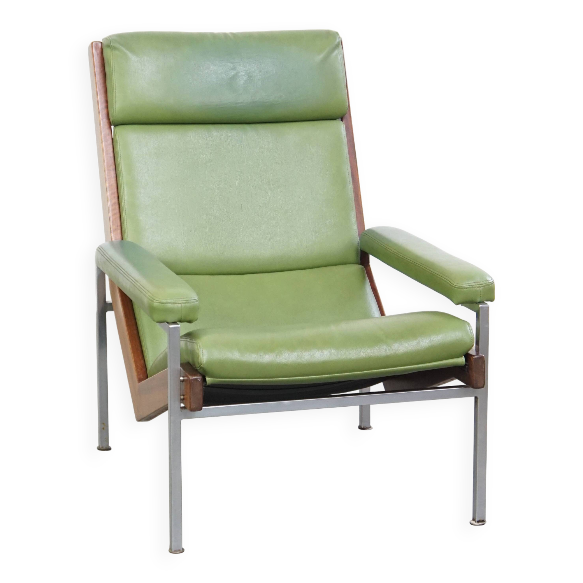 Green Cowhide Leather and Wooden Vintage Armchair