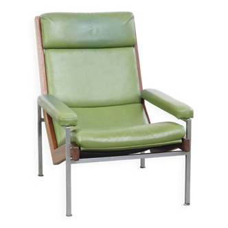 Fauteuil vintage en cuir de vache vert et bois