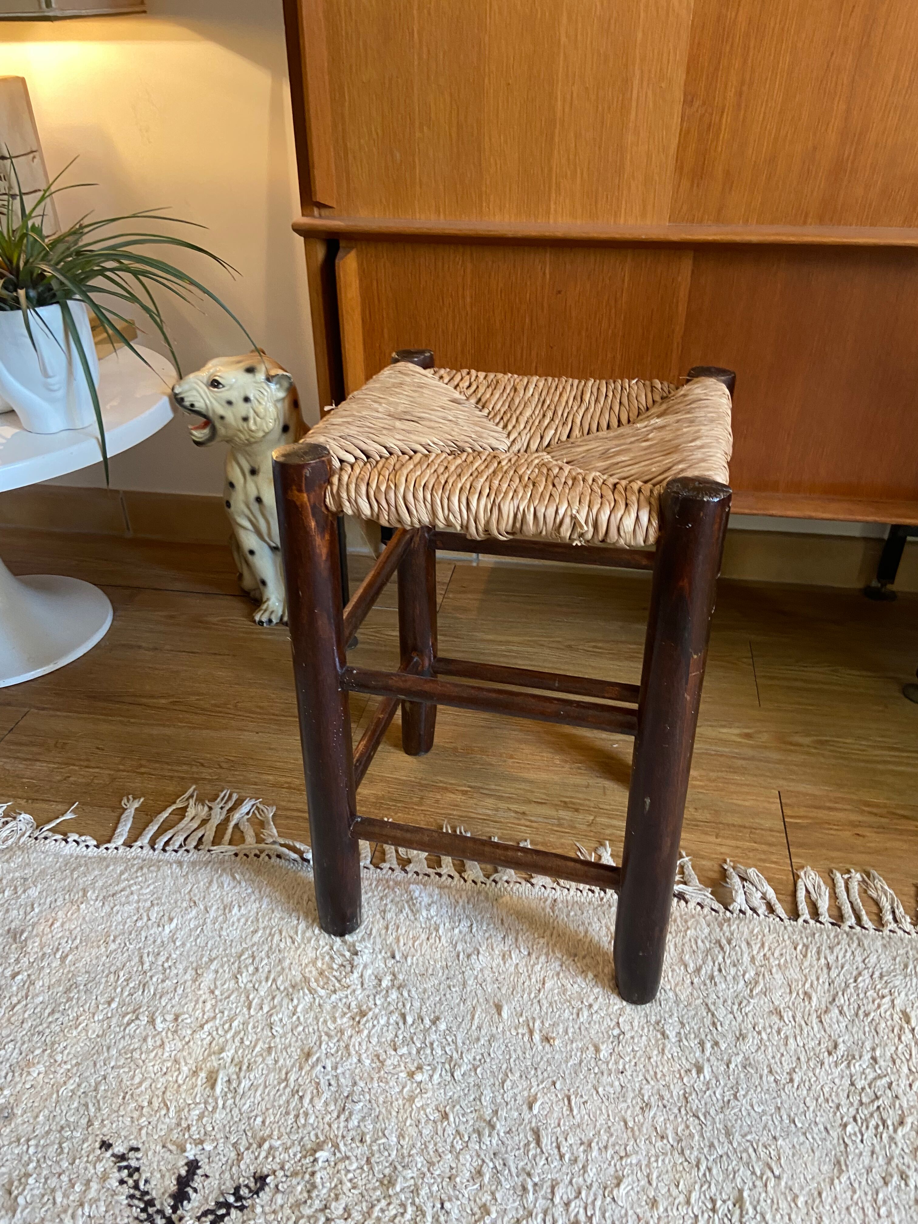 Vintage wooden and straw stool