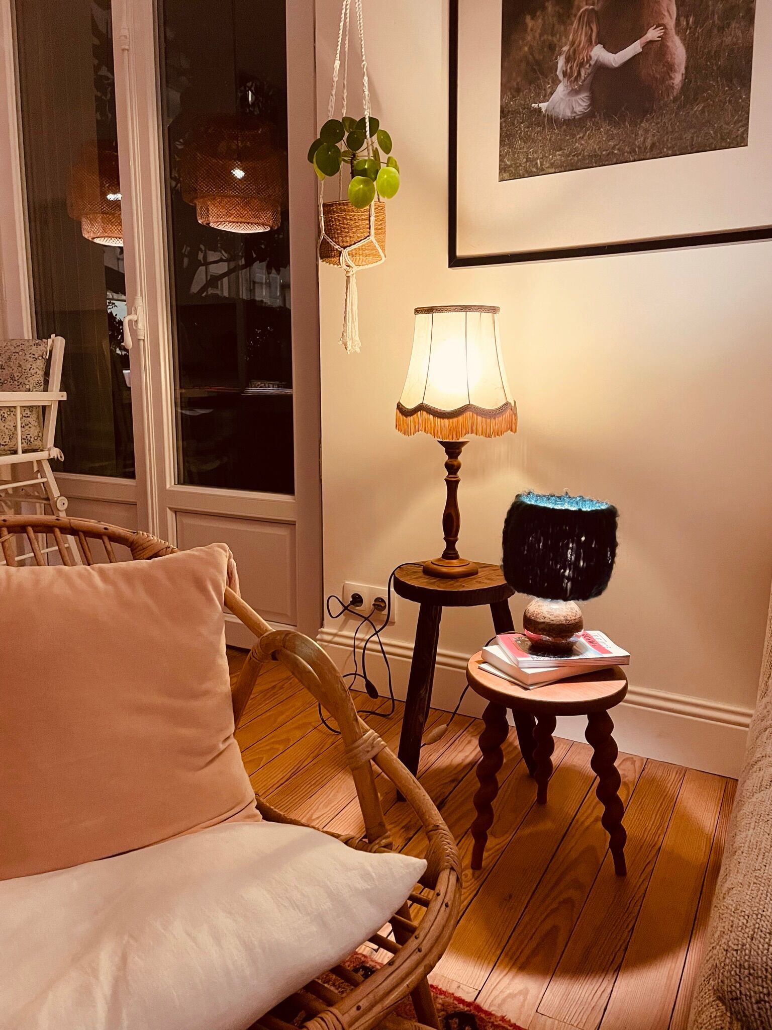 Vintage table lamp foot wood turned lampshade fringes