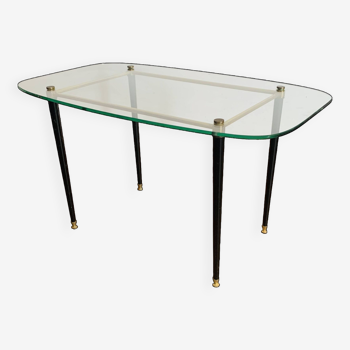 Coffee table from the 50s/60s, glass, brass, black metal