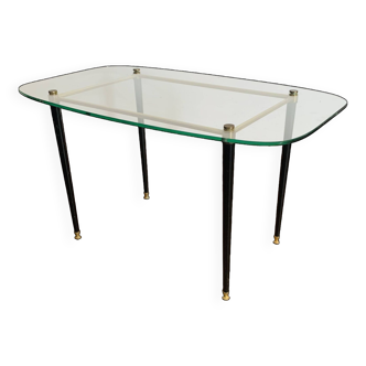 Coffee table from the 50s/60s, glass, brass, black metal