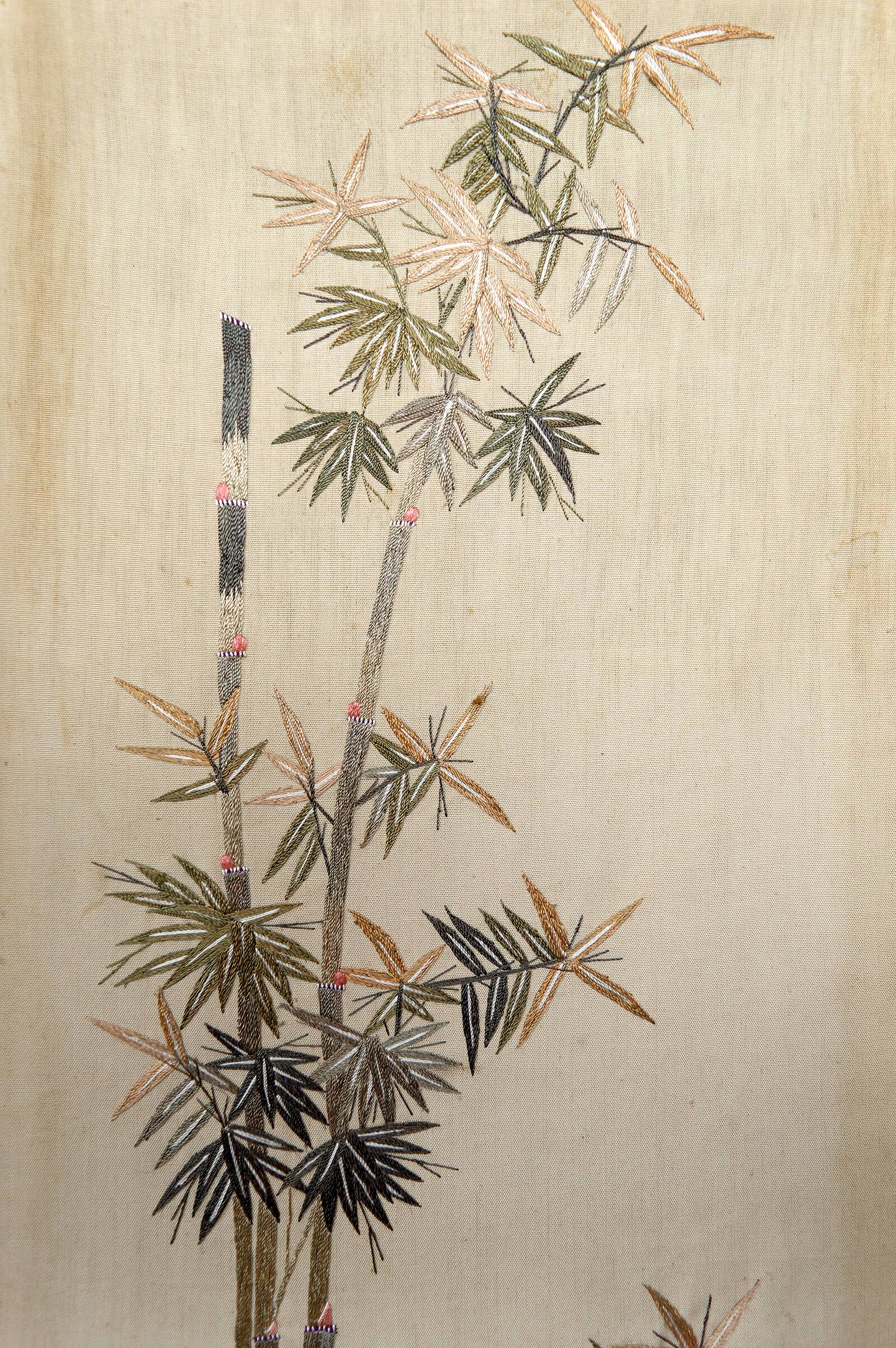 Important Set of Three Indochinese Silk Embroidered Tapestries