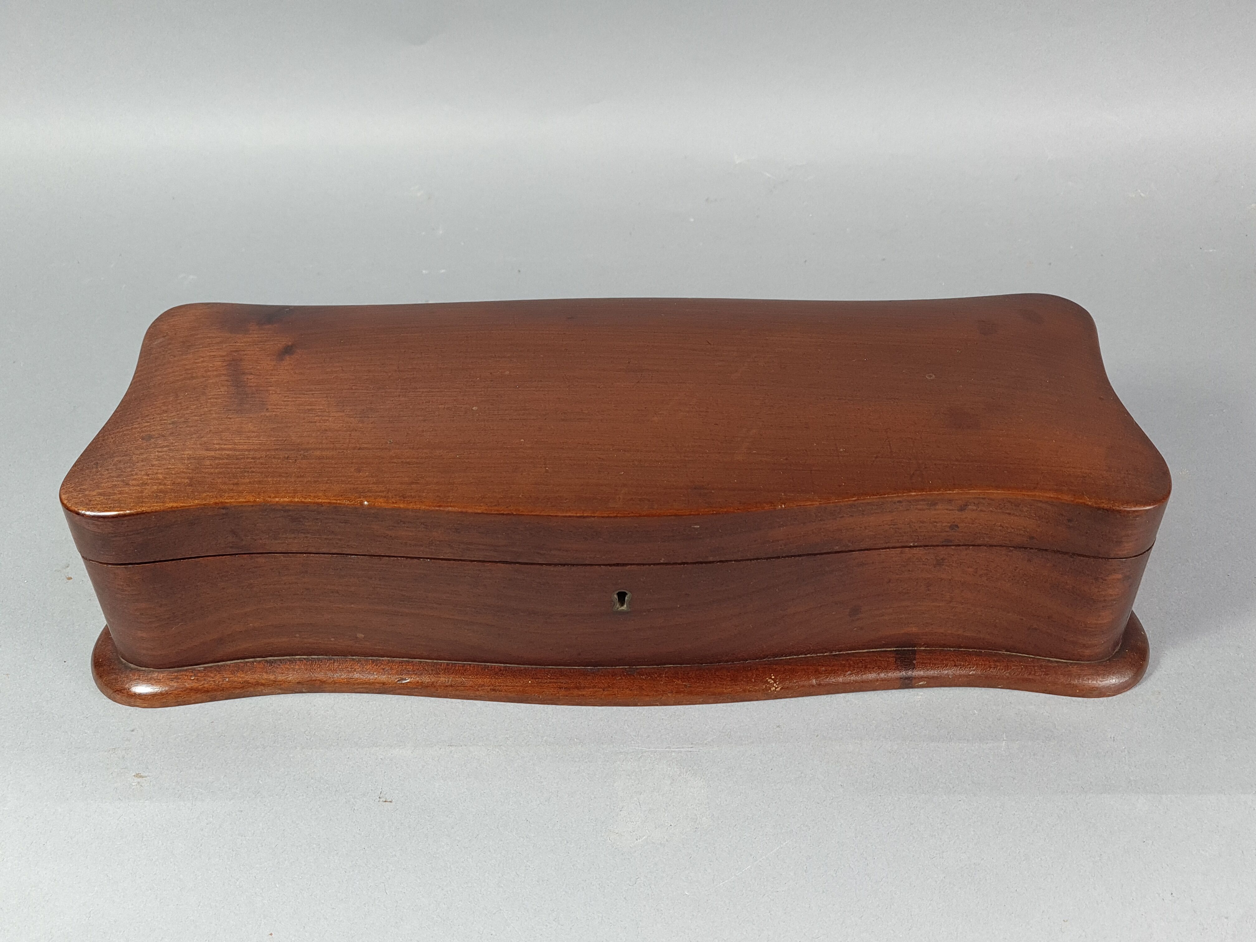 Old box sewing box shape chamturned wood interior fabrics SB
