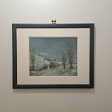 Impressionist painting - oil on panel signed - winter landscape - 20th century
