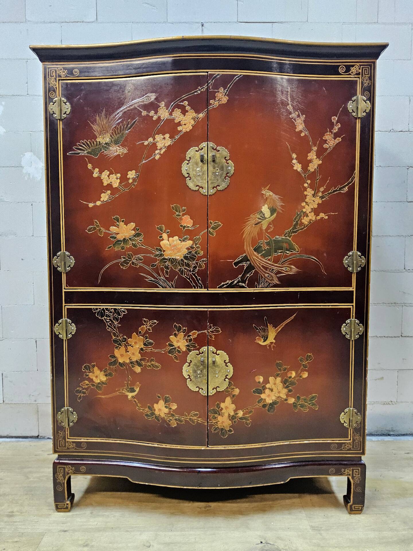 Vintage Chinese red and gold cabinet with flowers and birds (lacquer cabinet)