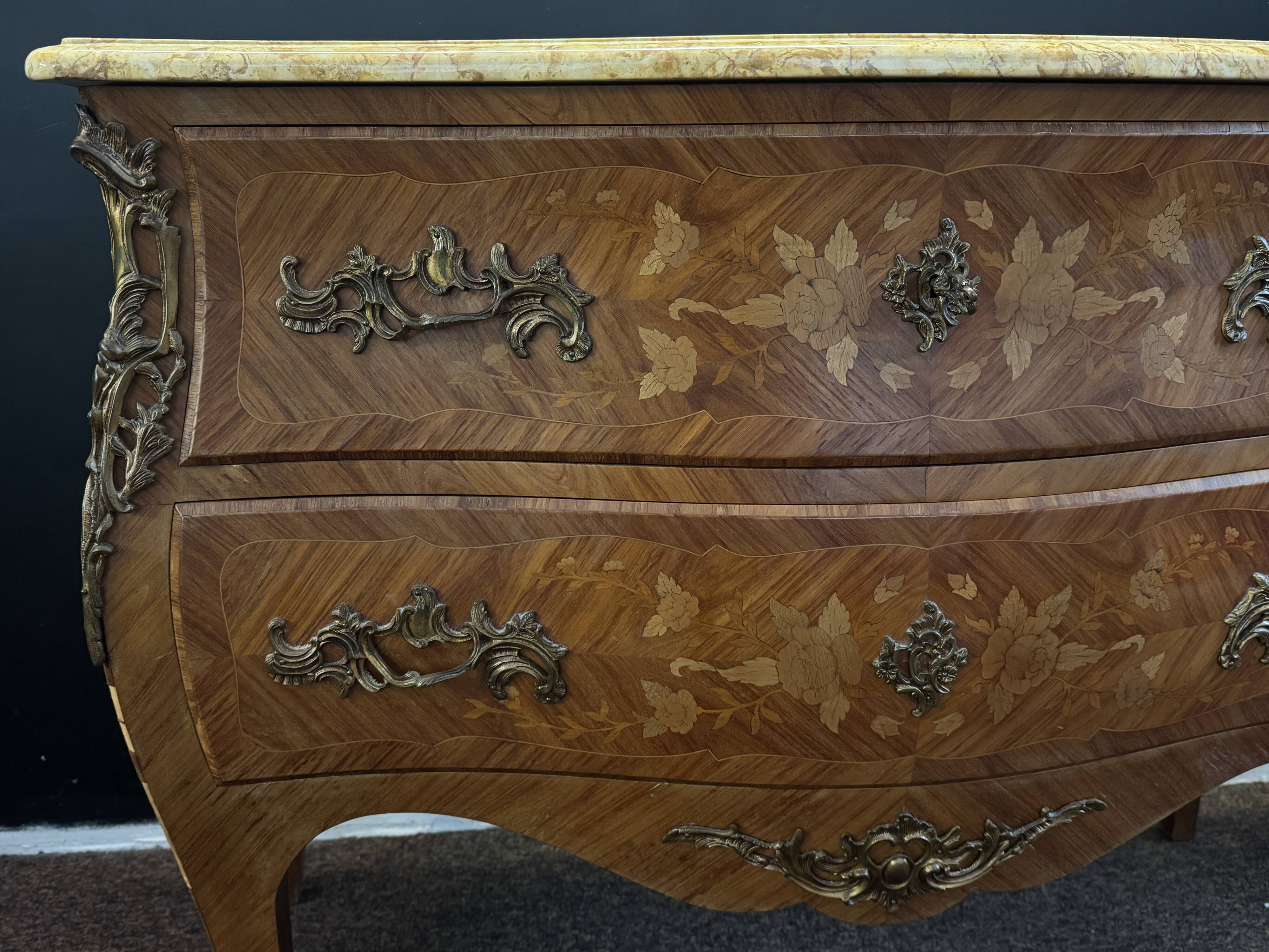 Curved marquetry commode – marble top