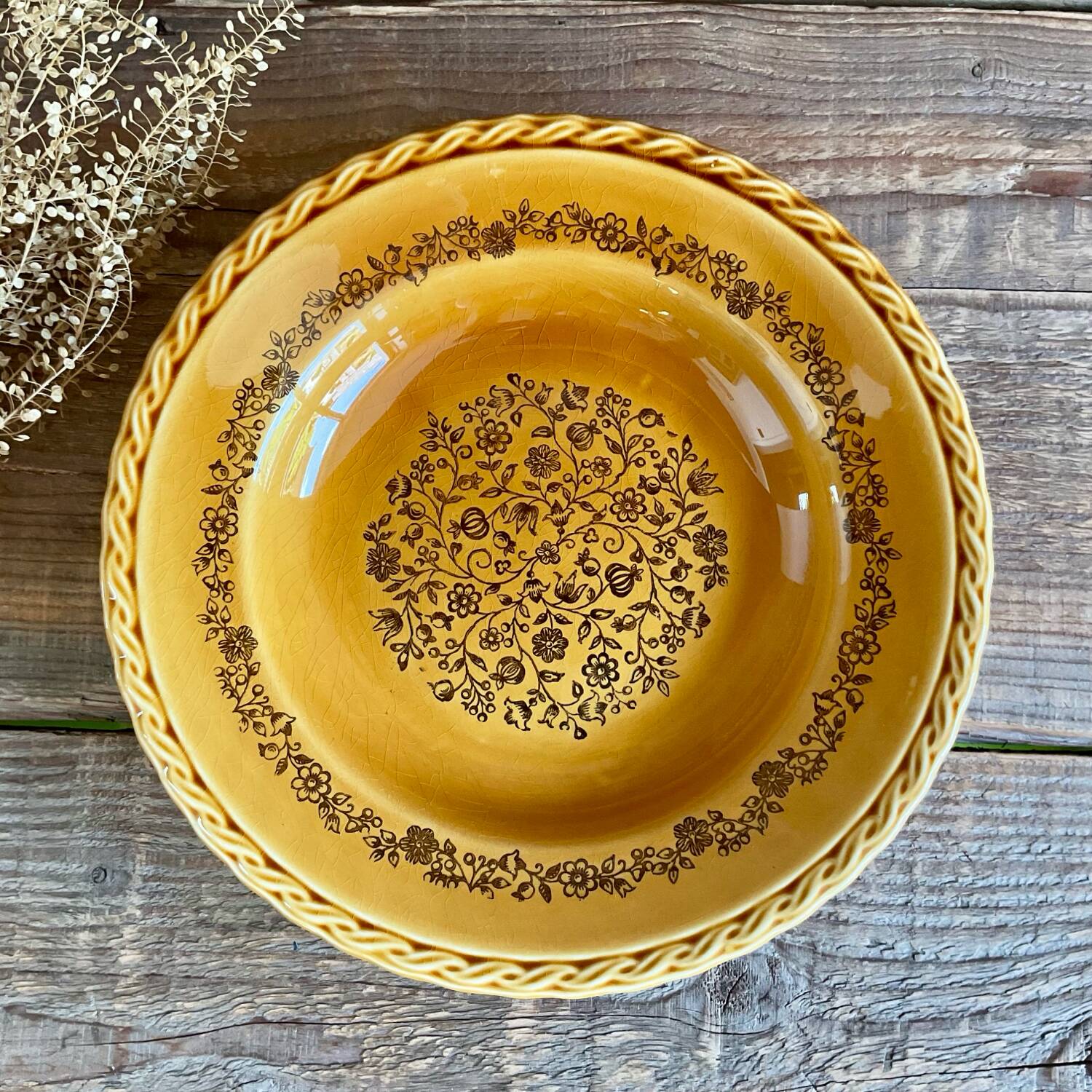 4 vintage amber ceramic soup plates