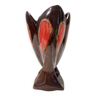 Vase en céramique émaillée orange et marron de Vallauris, fait main, France