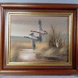Oil on canvas, wooden frame, flight of ducks, nature, signed C. Walker