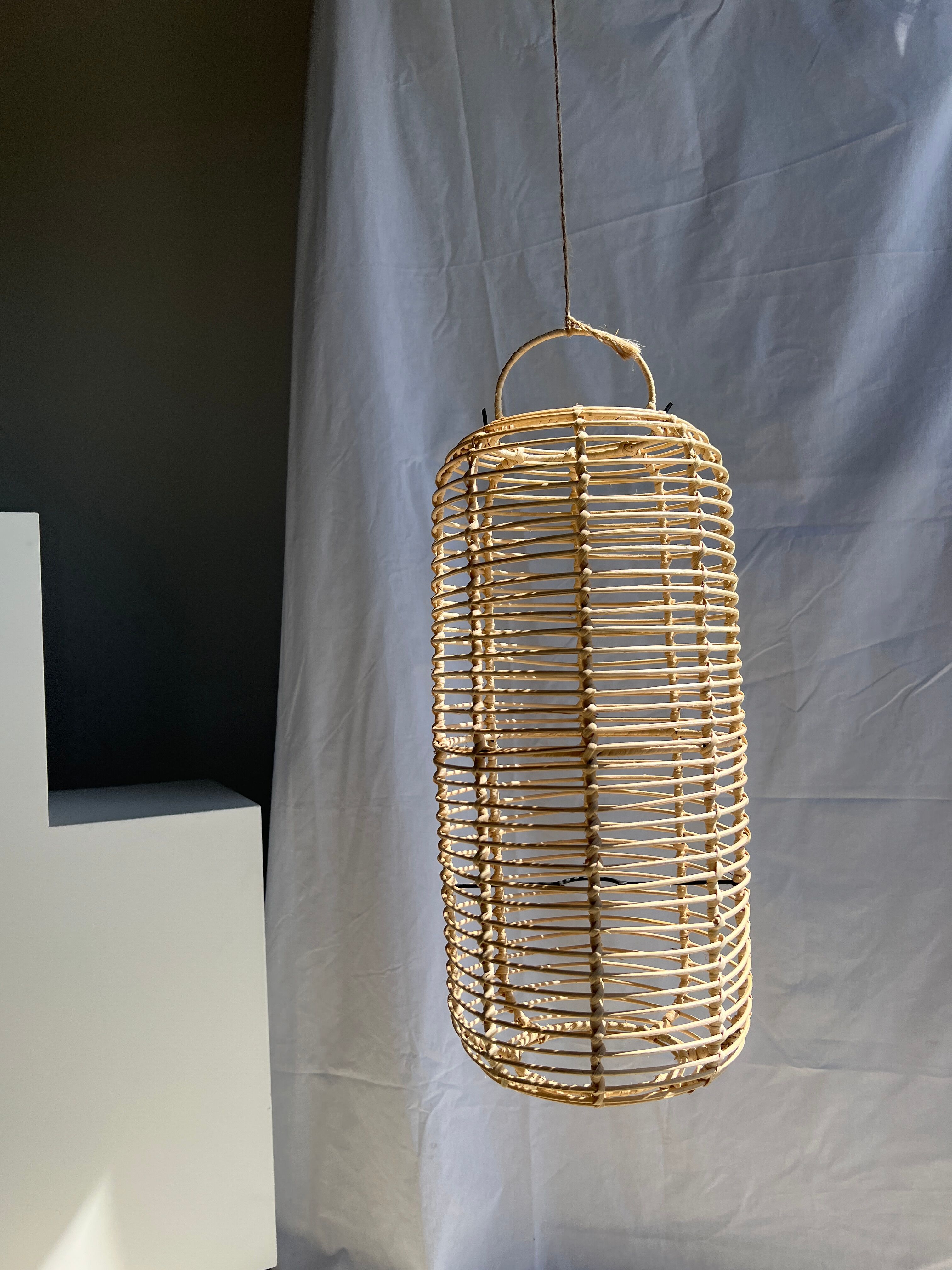Large lantern-shaped rattan pendant lamp H50 D24