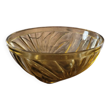 Coupe en verre ambré – base carrée et décor spiralé – design années 70