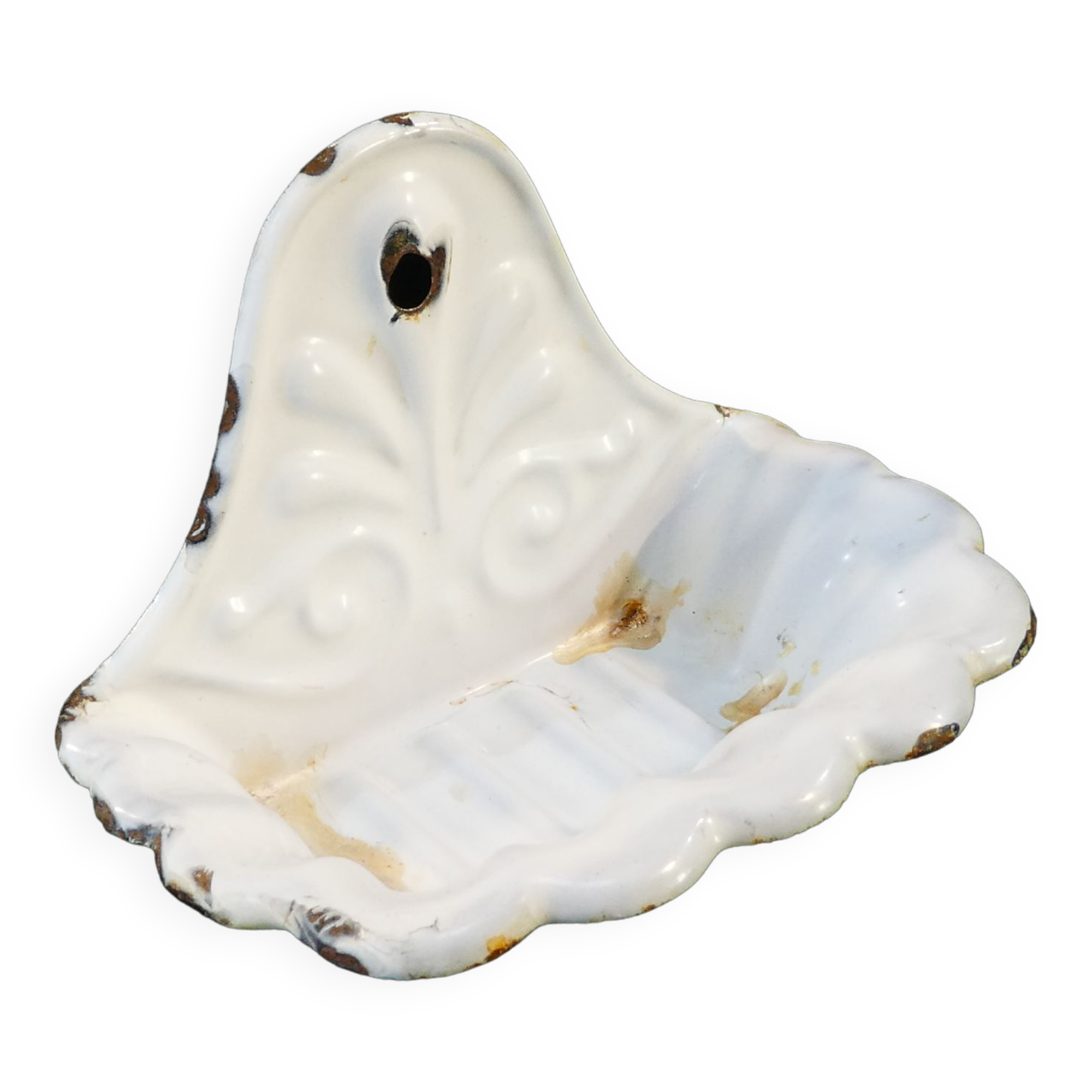Old white enamelled sheet soap dish