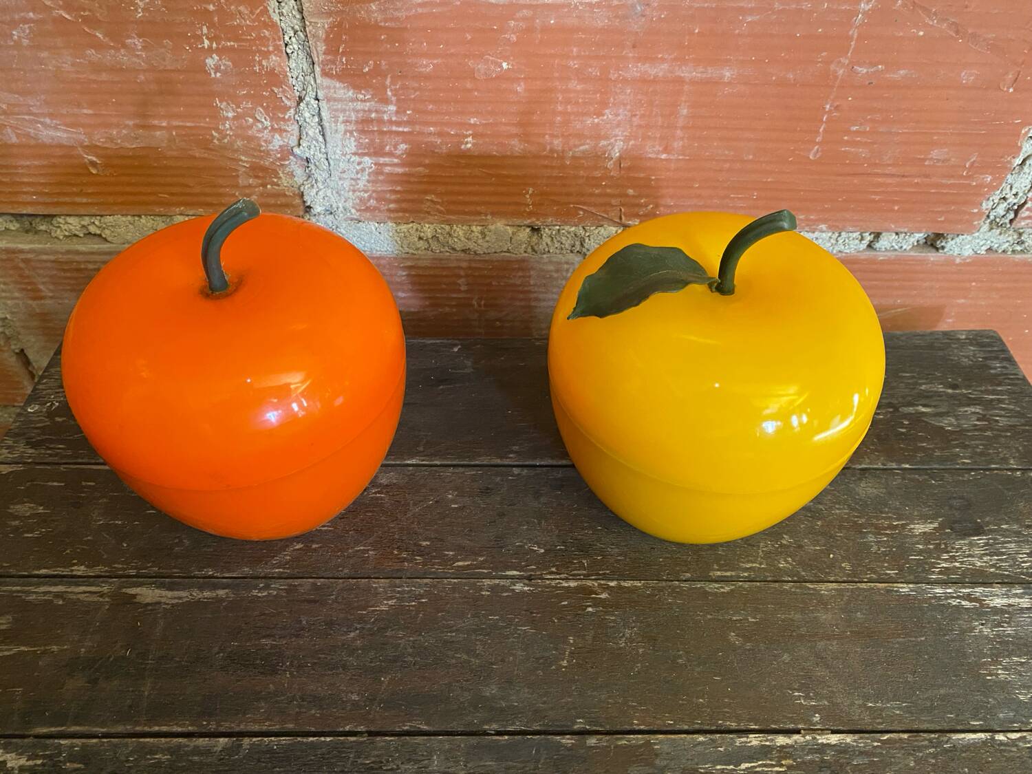 Ice Buckets Apple + Lemon Plastic Orange Yellow 70’s Vintage