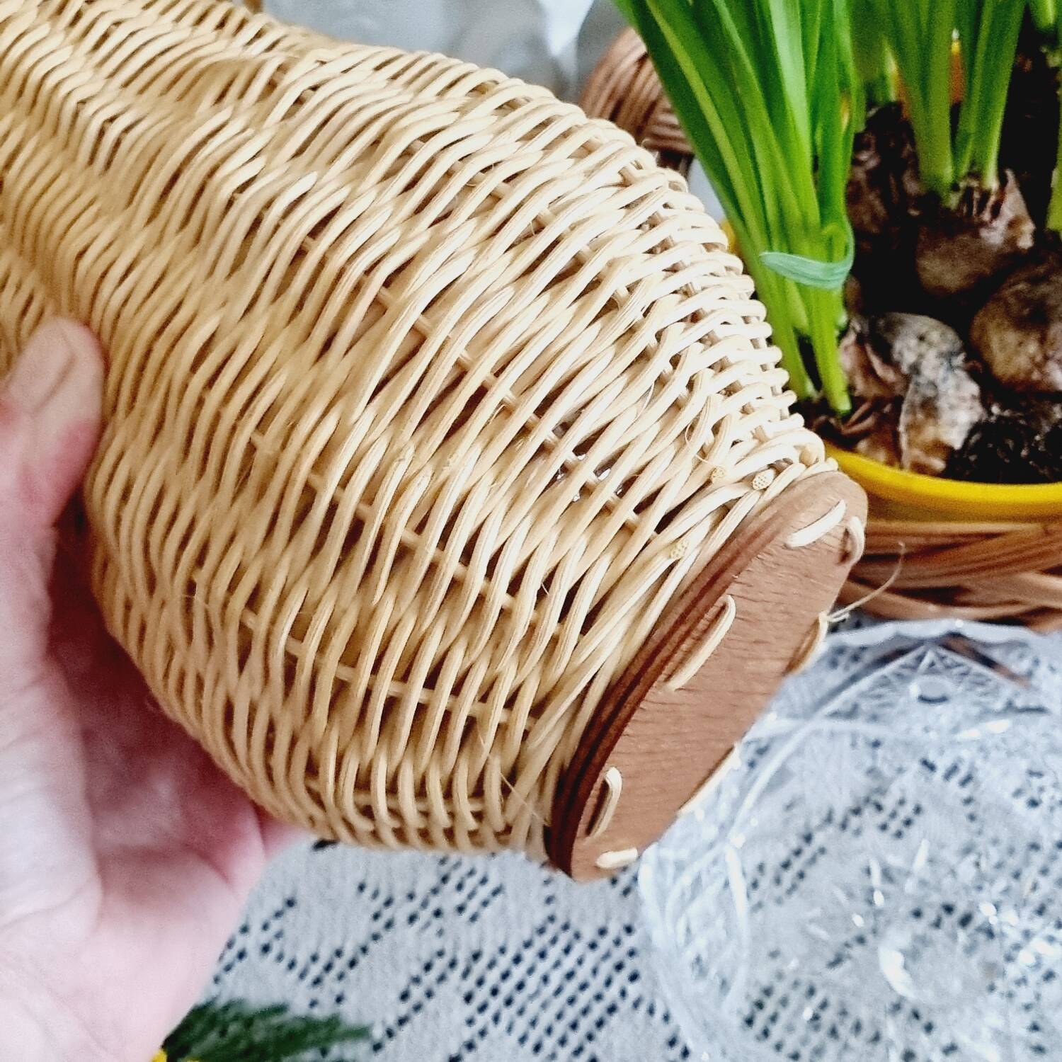 Flower-shaped wicker and glass vase