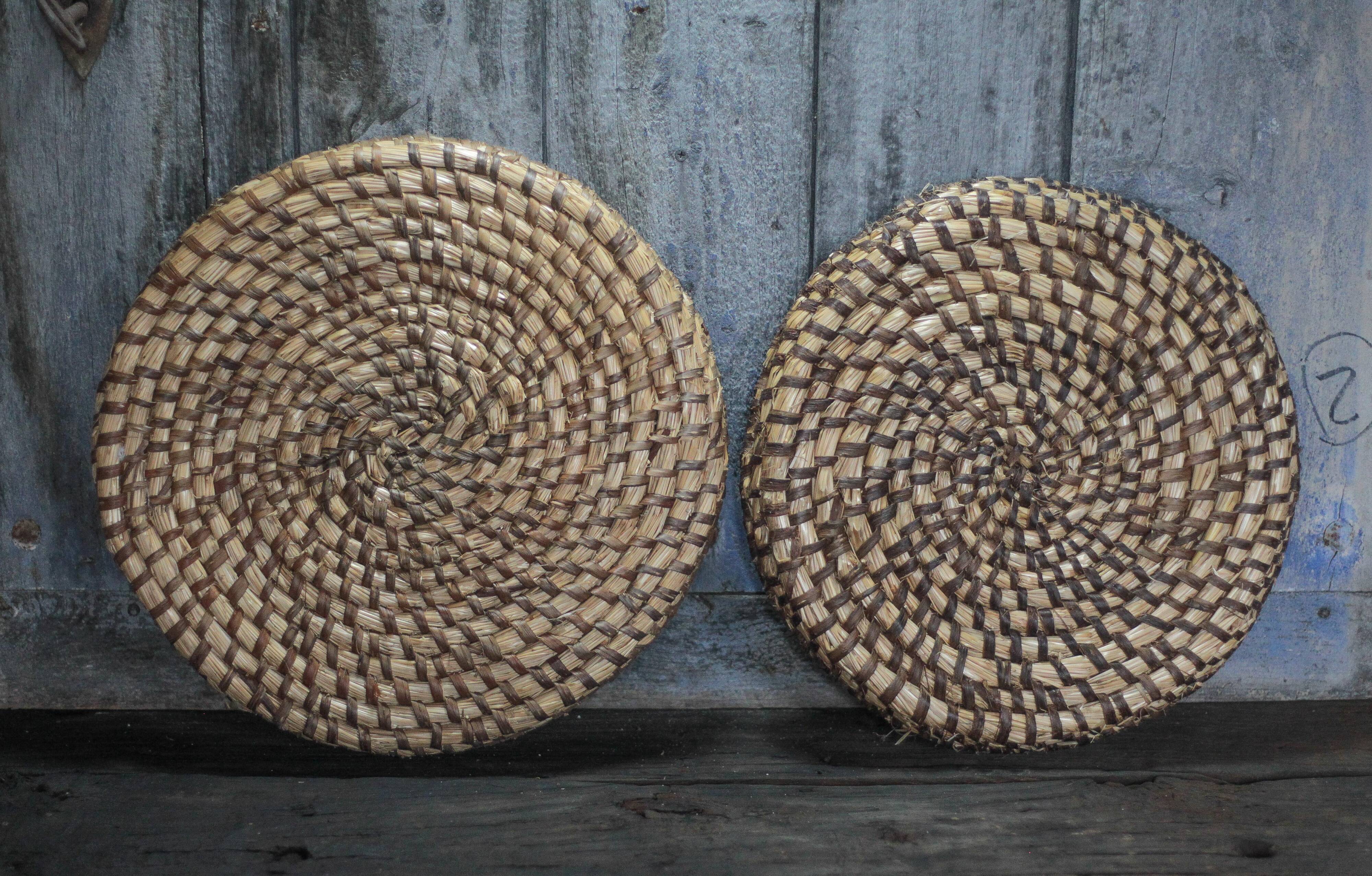 pair of old wicker trays, straw bourgne and bramble, woven bowl