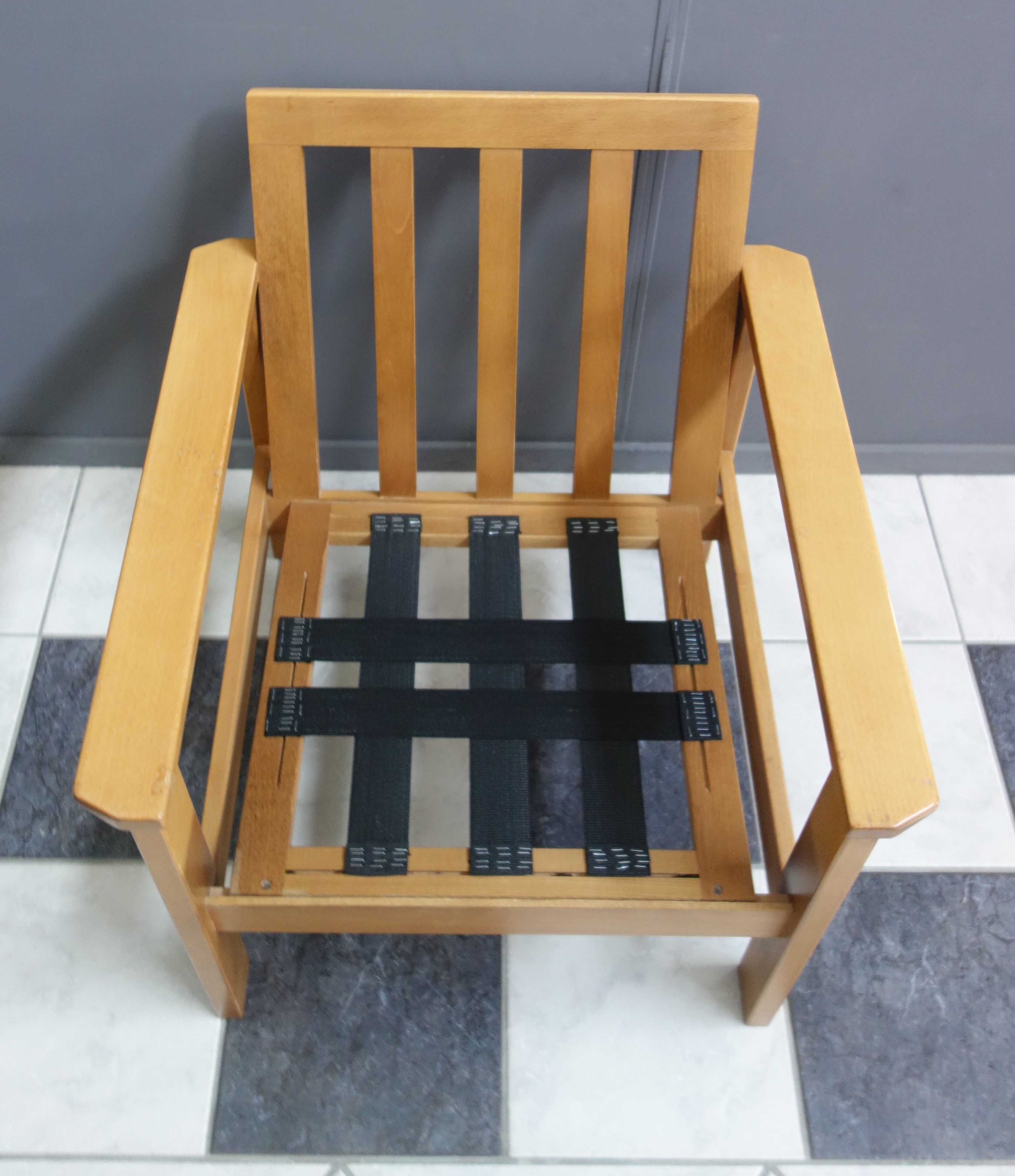 Blue fabric easy chair  in blonde wood frame 1960s