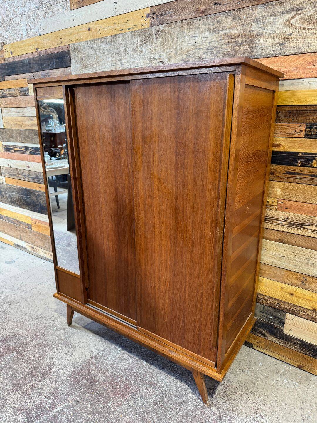 Vintage sliding door wardrobe with mirror - 1970s