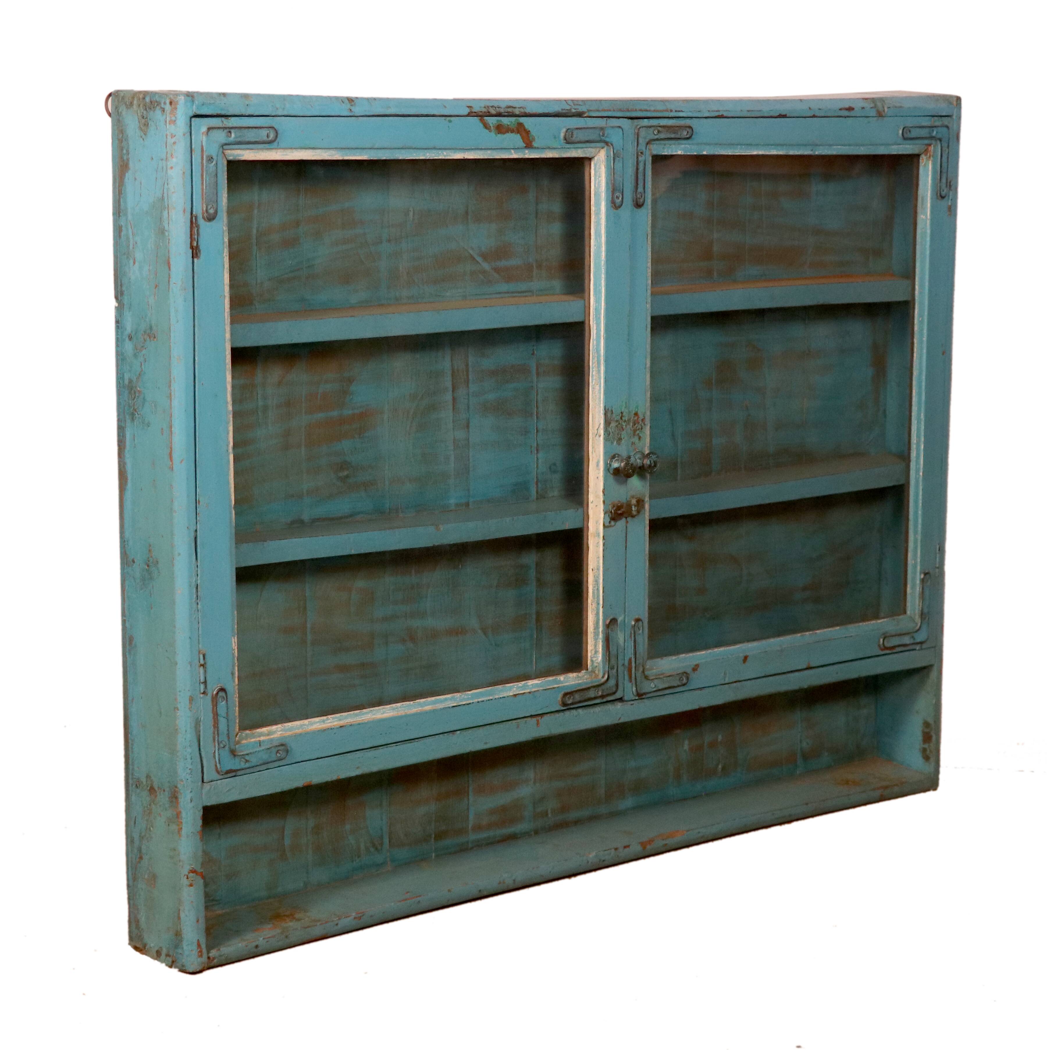 Old showcase in original blue patina Burmese teak