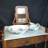 Table de toilette, coiffeuse ancienne en bois et marbre blanc