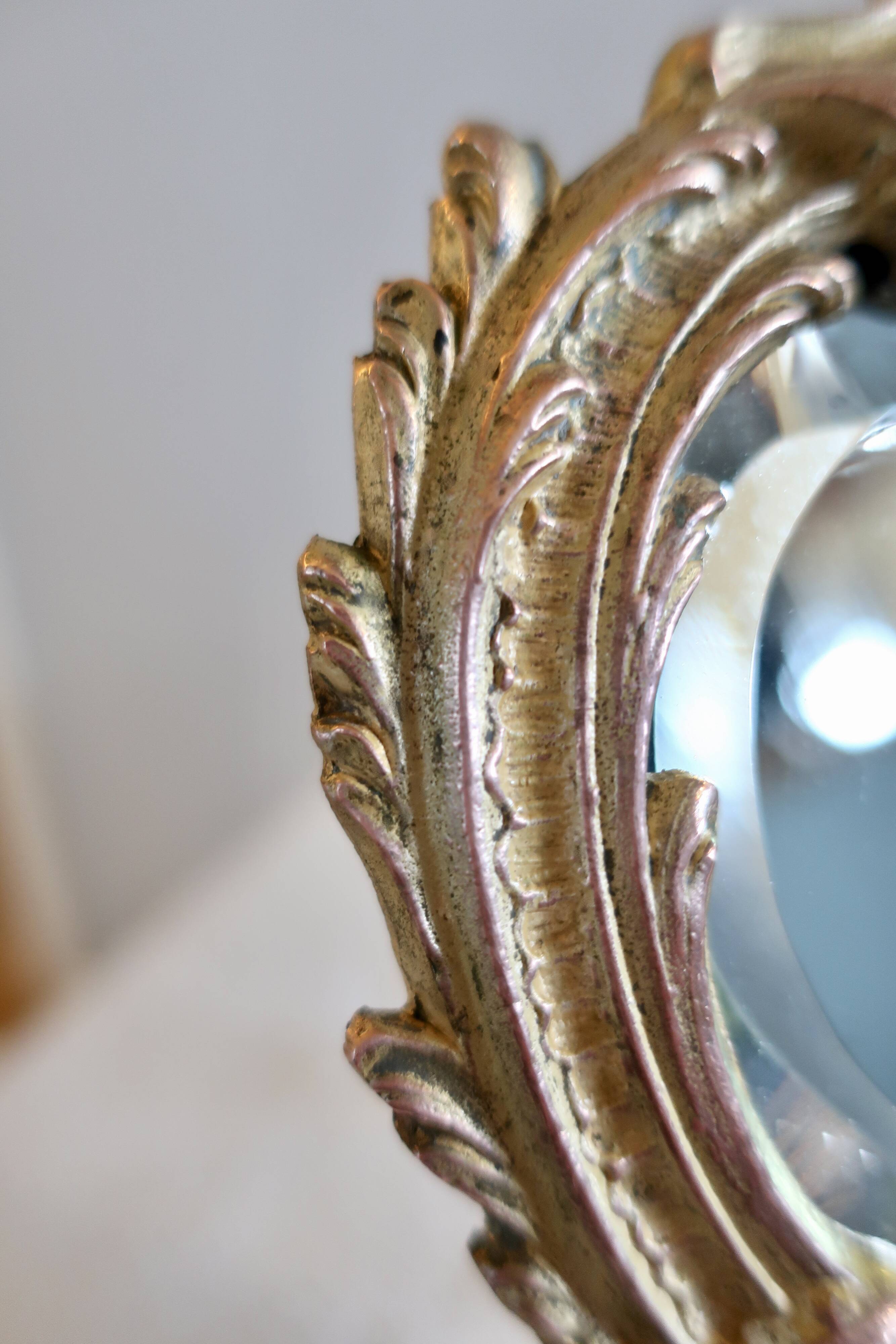 Small vintage 19th century mirror or hand mirror, bronze, beveled glass, baroque, rococo style.