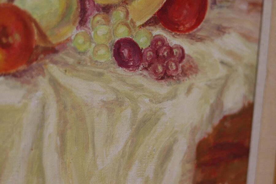 Original Swedish oil on canvas – “Still Life with Fruit and Bottle” by A.K. – vintage & framed – 40 × 48 cm (15.7" × 18.9")