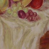 Original Swedish oil on canvas – “Still Life with Fruit and Bottle” by A.K. – vintage & framed – 40 × 48 cm (15.7" × 18.9")