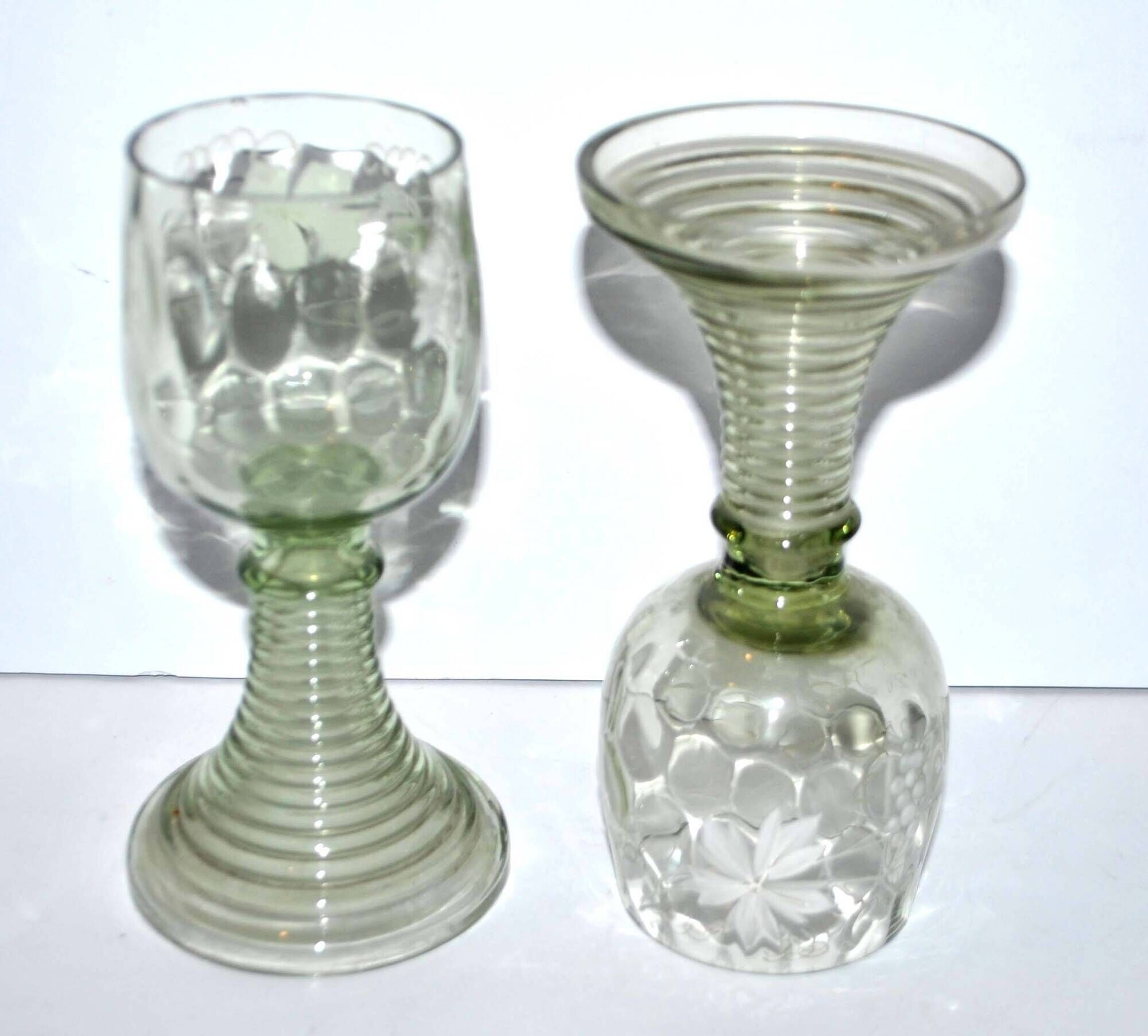 Roemer old rhine wine glass in light green white enamelled blown glass