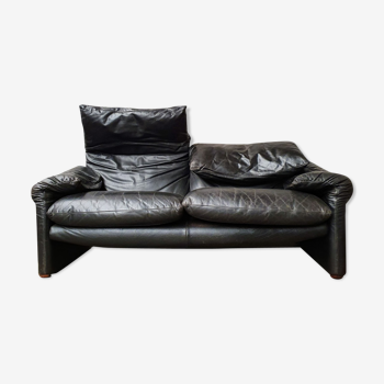 Canapé Maralunga en cuir noir vintage par Cassina