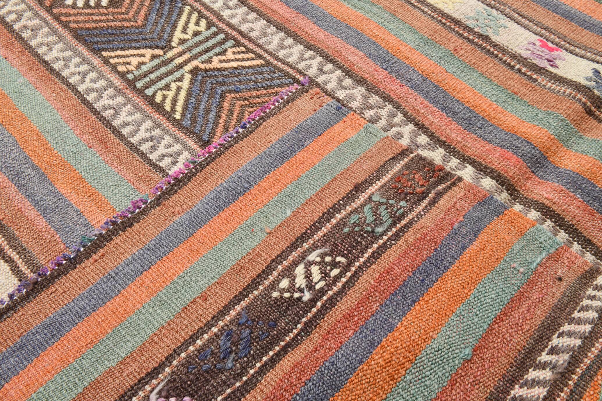 5x8 Orange Blue Striped Turkish Vintage Kilim Rug 170x245Cm