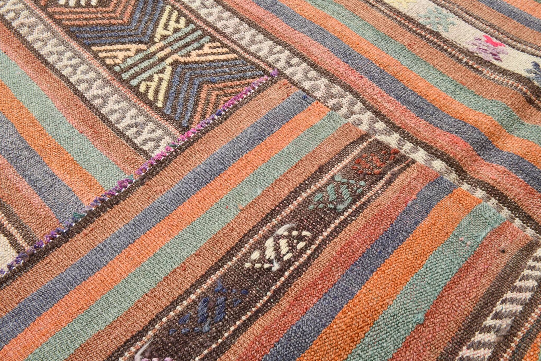 5x8 Orange Blue Striped Turkish Vintage Kilim Rug 170x245Cm