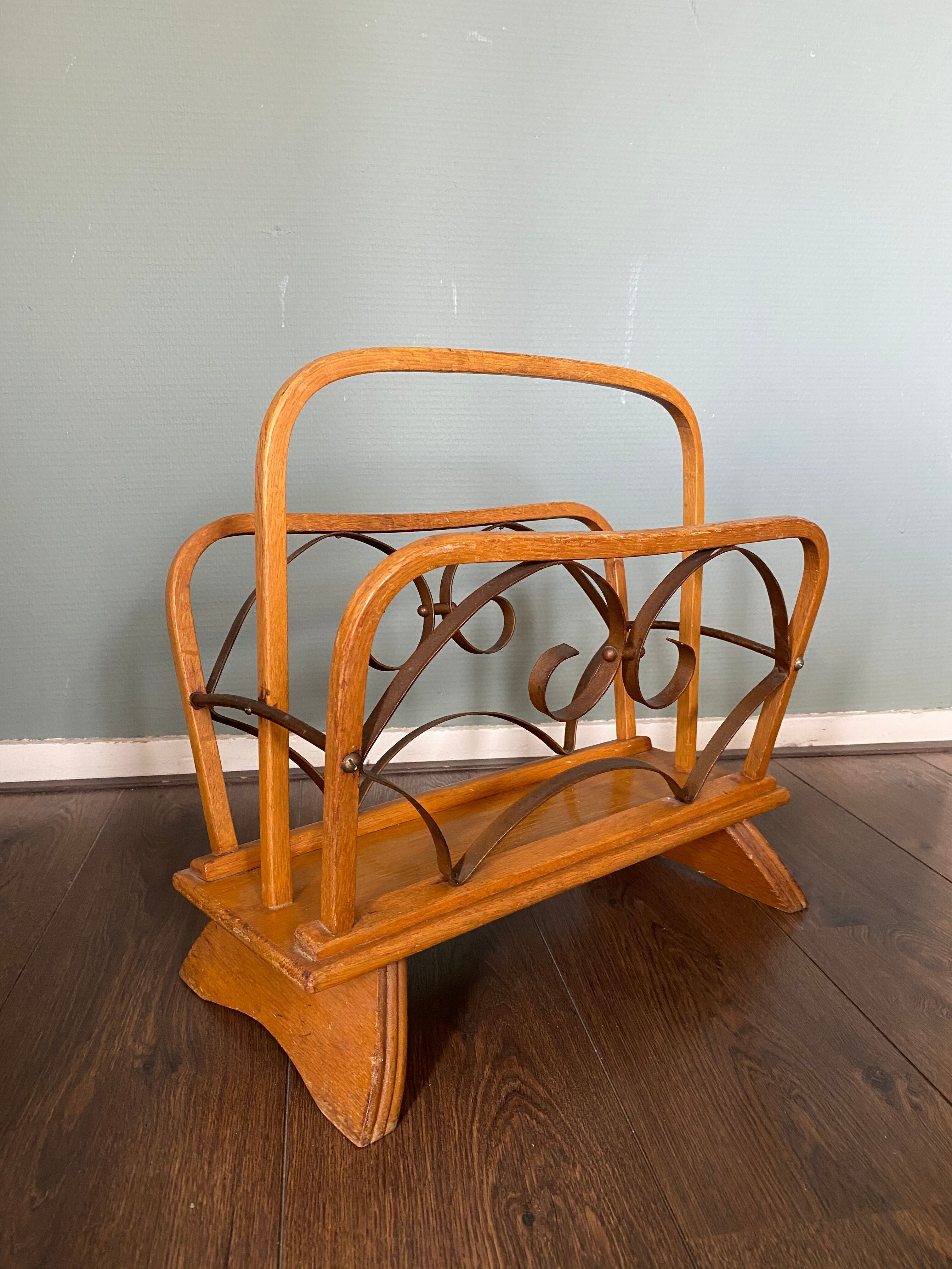 Vintage Wood and Brass Magazine Rack, 1930s