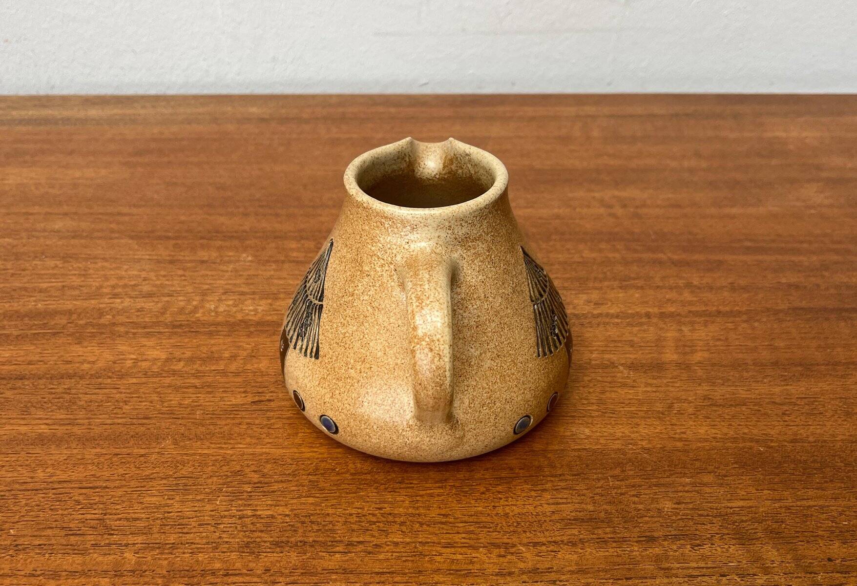 Mid-century German ceramic studio pitcher with owl motif by Heinz Theo Dietz, 1960s.