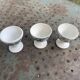 3 white earthenware egg cups, blue foliage decor, Grigny fire clay, made in France