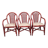 3 rattan and wicker armchairs with vintage fabric seats from 1970-1980