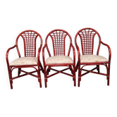 3 fauteuils chaises en rotin et osier assise en tissu vintage 1970 1980