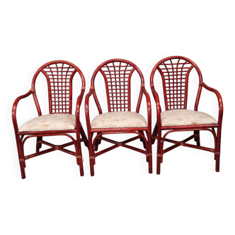 3 rattan and wicker armchairs with vintage fabric seats from 1970-1980