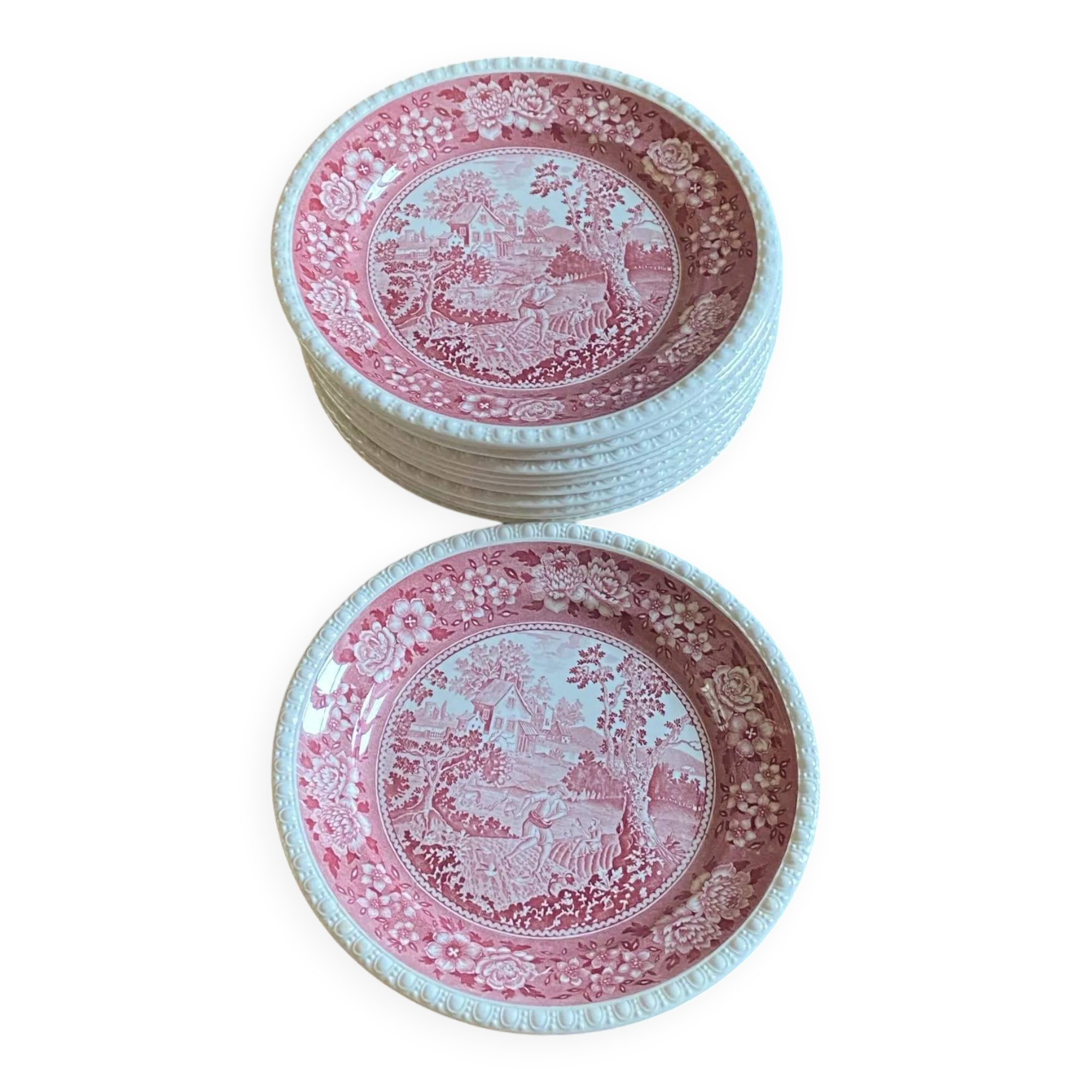 Ensemble de douze assiettes plates Villeroy & Boch – Rusticana, décor cottage anglais, coloris rose