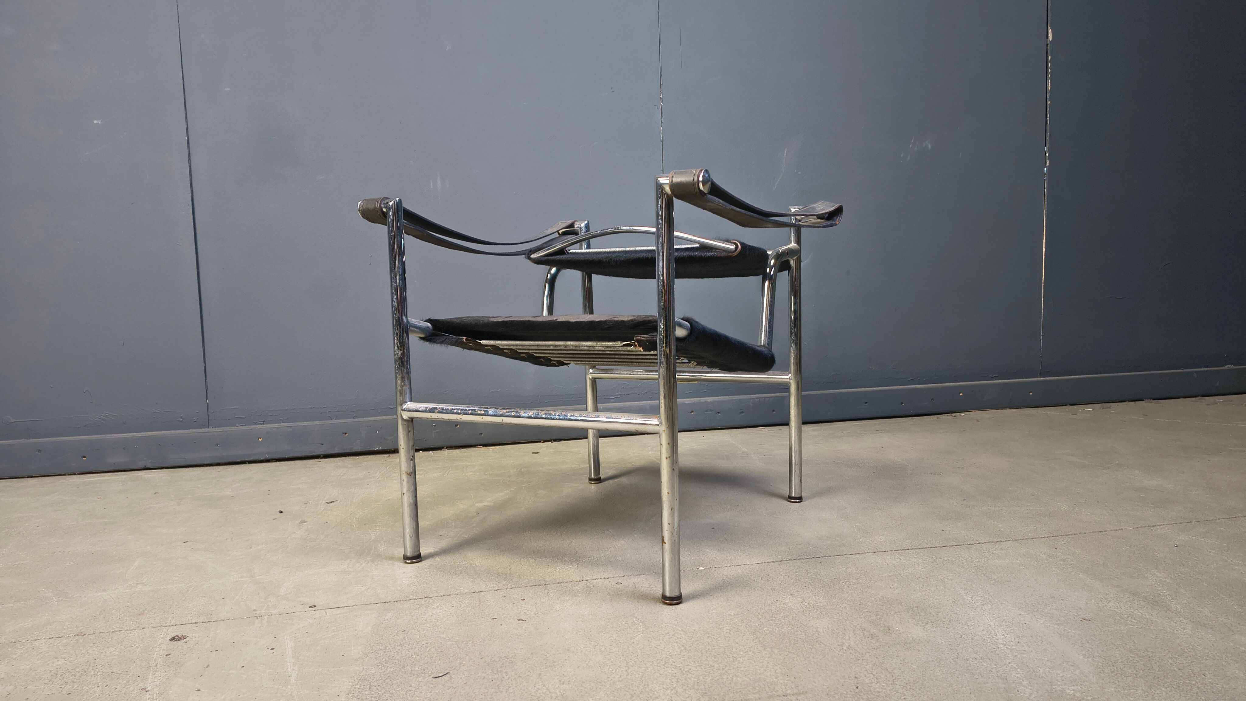 LC-1 chair in black ponyskin by Le Corbusier for Cassina 1970s