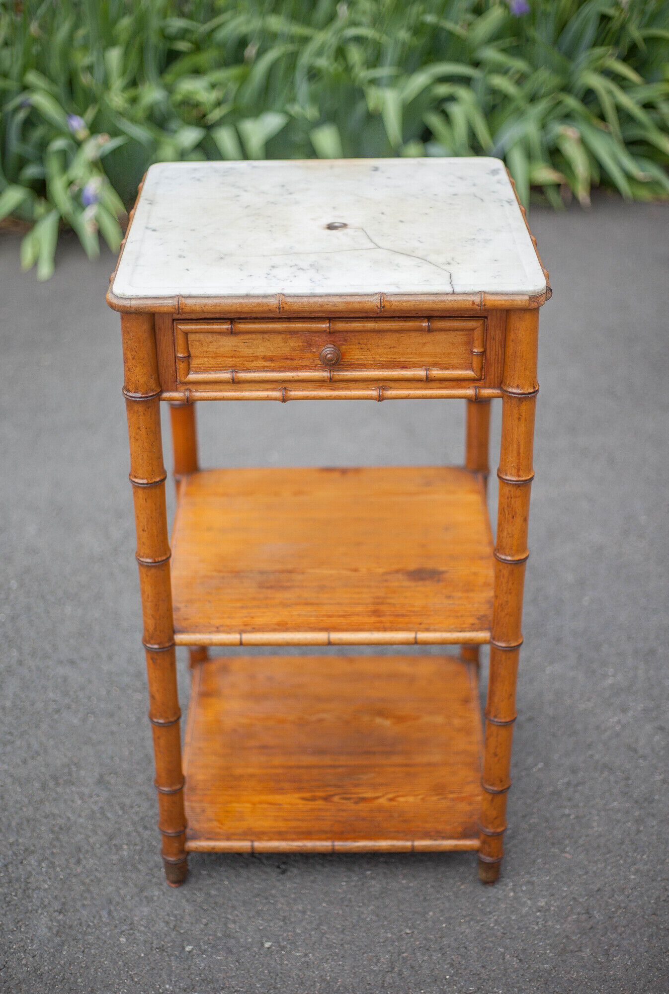 Bedside table wood imitation bamboo and marble colonial style, pedestal table, furniture 1 old drawer