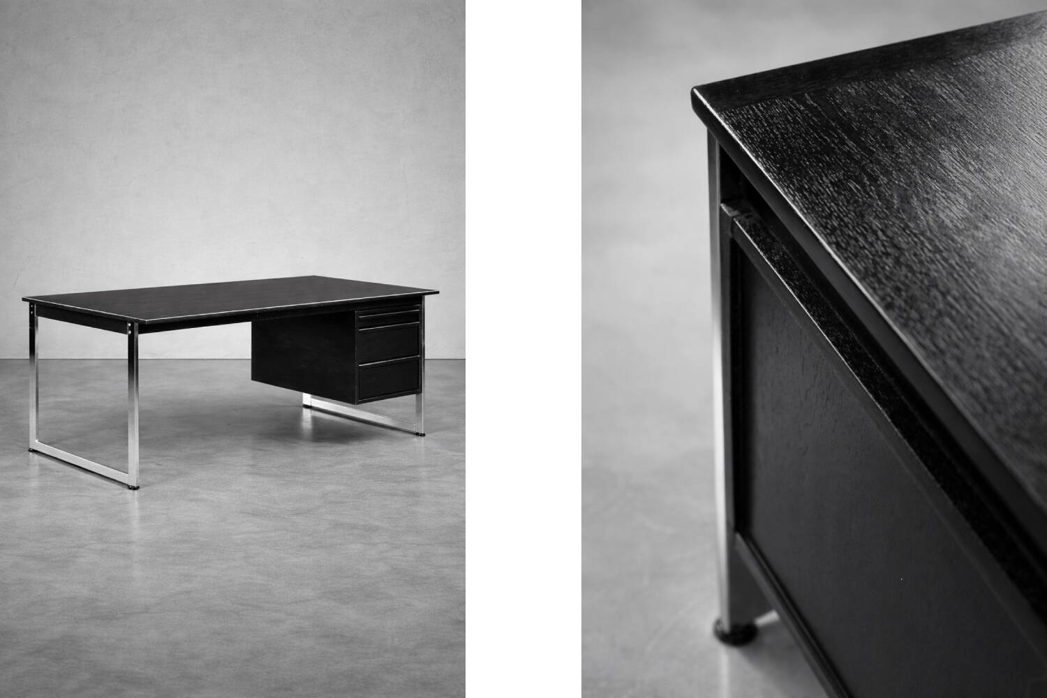 Vintage Mid-Century Danish Modern Minimalist Black Oak Desk with Chrome Base